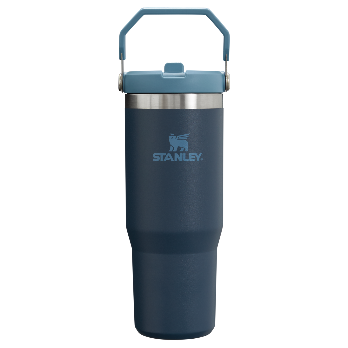 Stanley 1913 IceFlow Flip Straw Tumbler in navy blue with foldable handle and flip-top lid